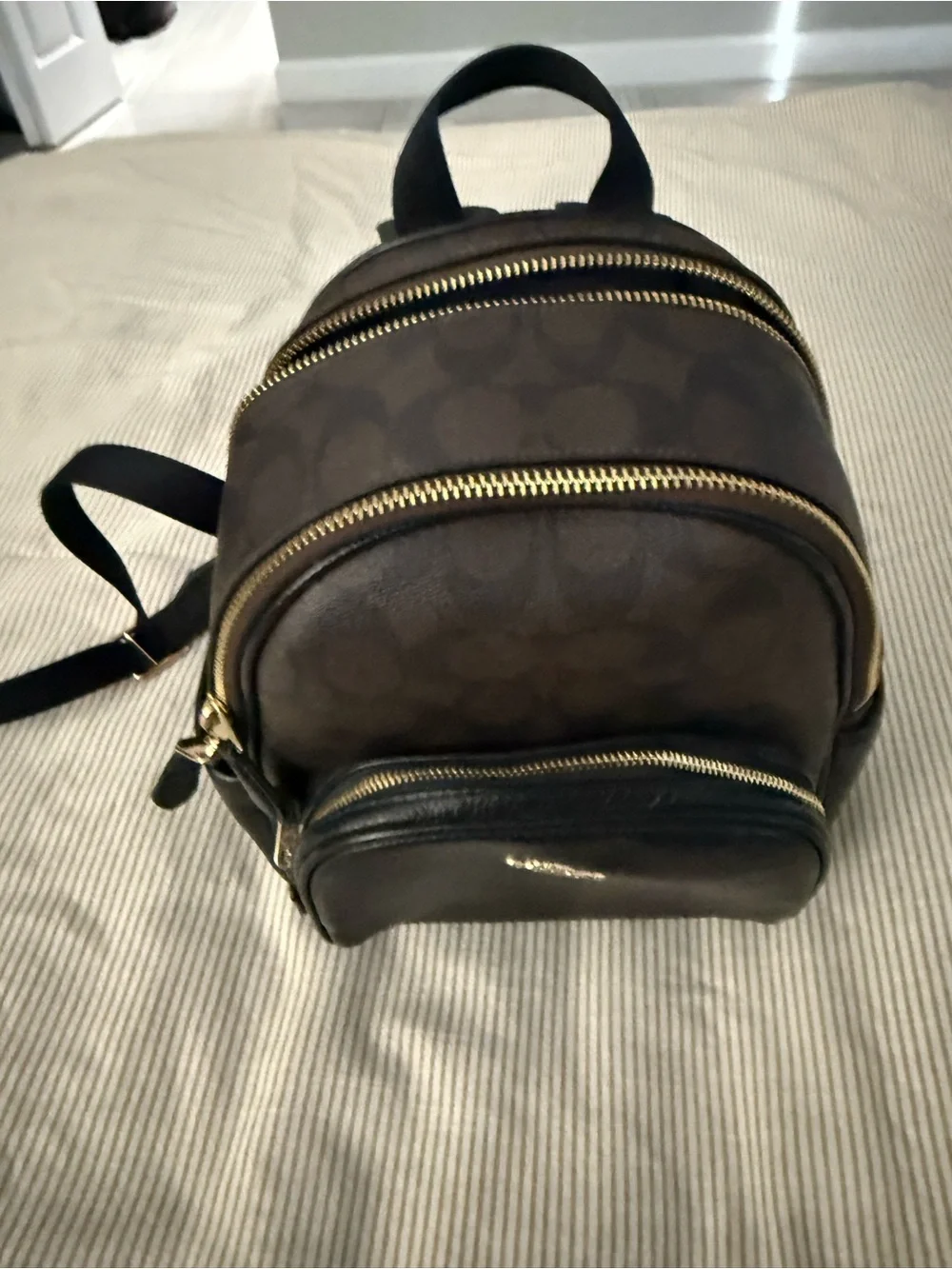 Coach Mini Backpack in Brown Signature and Black Leather